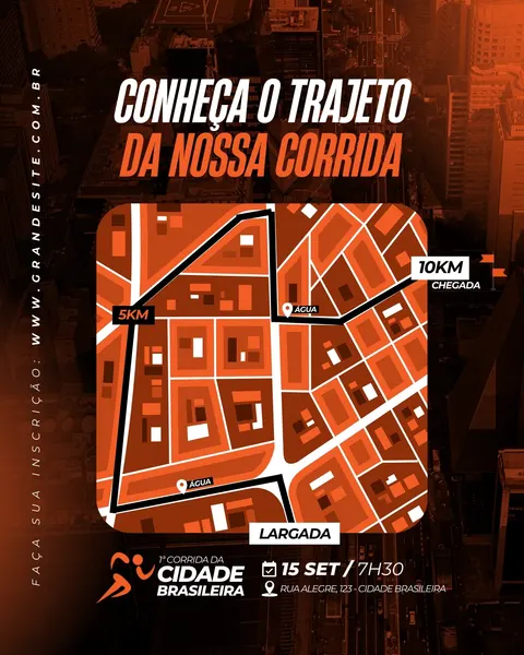 Template de post para Instagram e Facebook com um mapa estilizado em tons de laranja e preto, mostrando o trajeto de uma corrida de rua. Destaca a largada, chegada, pontos de 5km e 10km, e informações do evento como data e local.