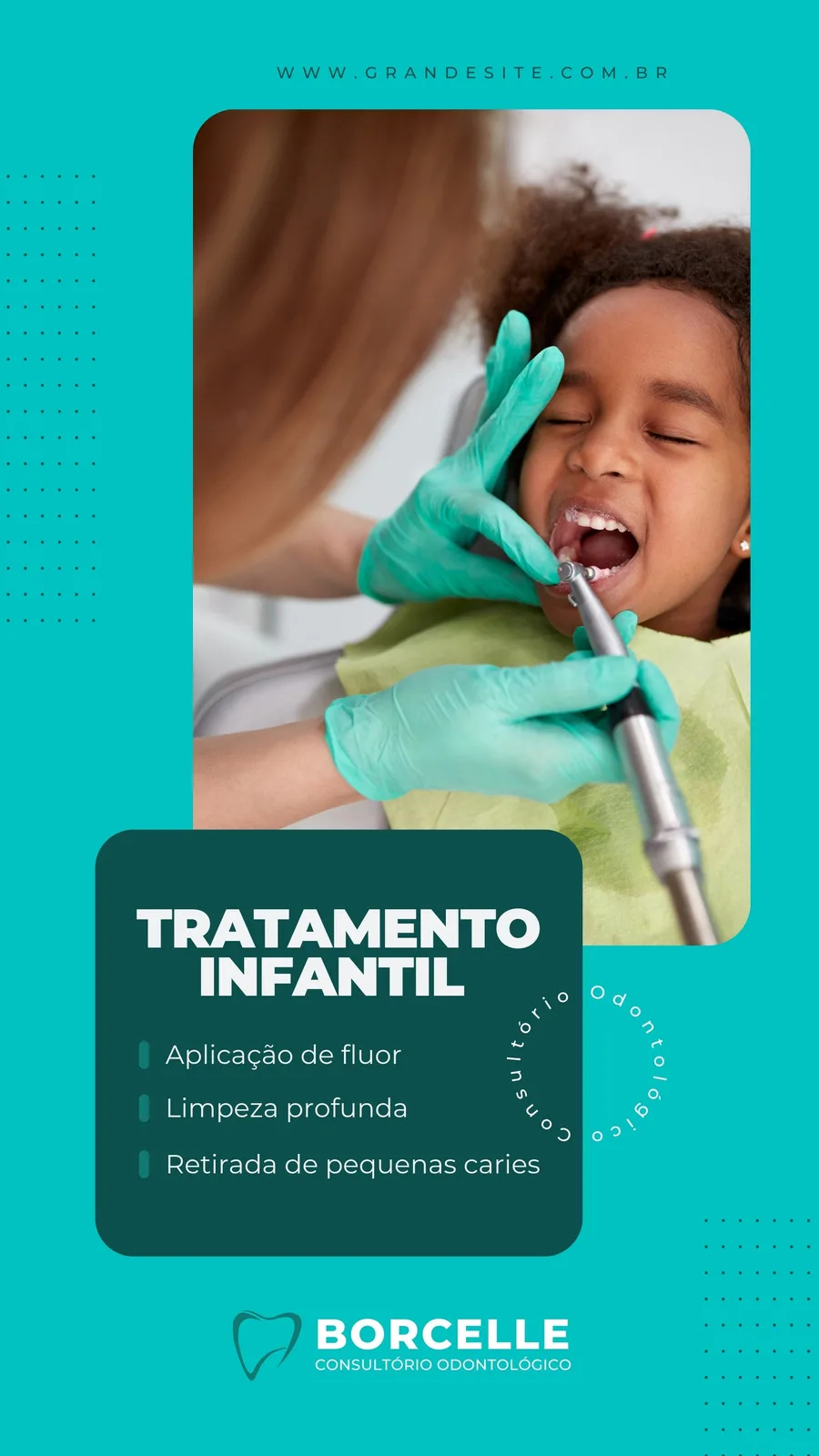 Close-up de uma criança em tratamento dentário, com um dentista aplicando flúor. O template em tons de azul e branco destaca os serviços de tratamento infantil de um consultório odontológico, com informações sobre limpeza e cáries.
