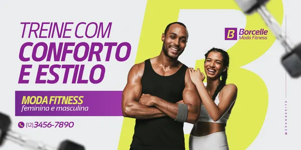 Banner horizontal moderno de moda fitness com fundo branco e detalhes em roxo e verde-limão. Apresenta um homem e uma mulher sorridentes, ambos em roupas de treino, transmitindo conforto e bem-estar. O texto "Treine com Conforto e Estilo" e "Moda Fitness feminina e masculina" convida à compra, com halteres desfocados ao fundo.