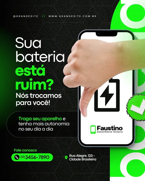 Post para Instagram de assistência técnica com fundo preto e detalhes em verde neon. Um smartphone em destaque mostra um ícone de bateria com um raio e um polegar para baixo. O texto principal pergunta 'Sua bateria está ruim? Nós trocamos para você!' e convida a trazer o aparelho para ter mais autonomia.