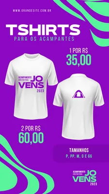 Template de story para Instagram com fundo roxo e verde, apresentando camisetas brancas com a estampa 'Acampamento Jovens 2023' e informações de preço e tamanhos disponíveis.
