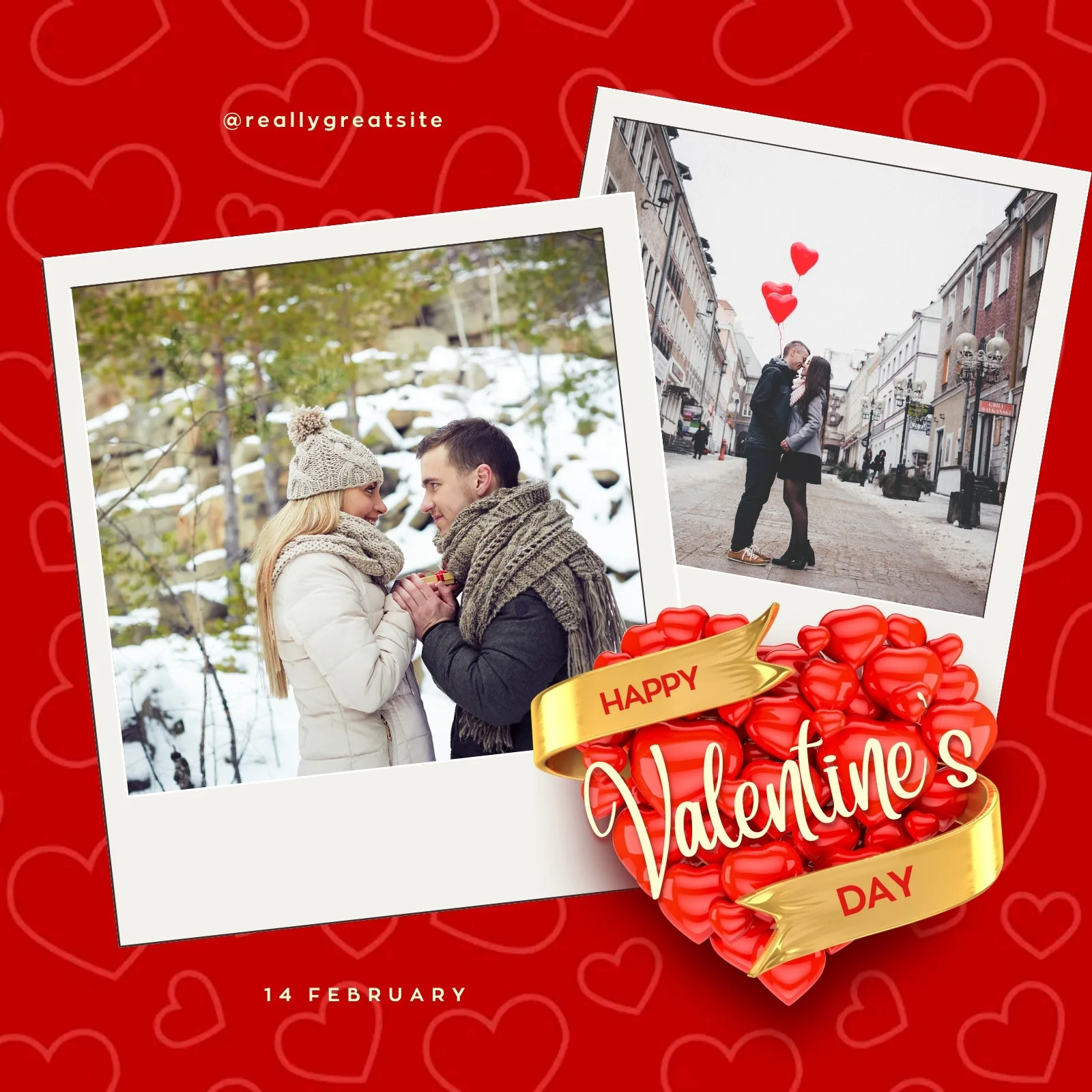 Template de post para redes sociais com fundo vermelho e corações. Duas fotos de casais apaixonados em estilo polaroid, com um grande coração vermelho e fita dourada escrito "Happy Valentine's Day".