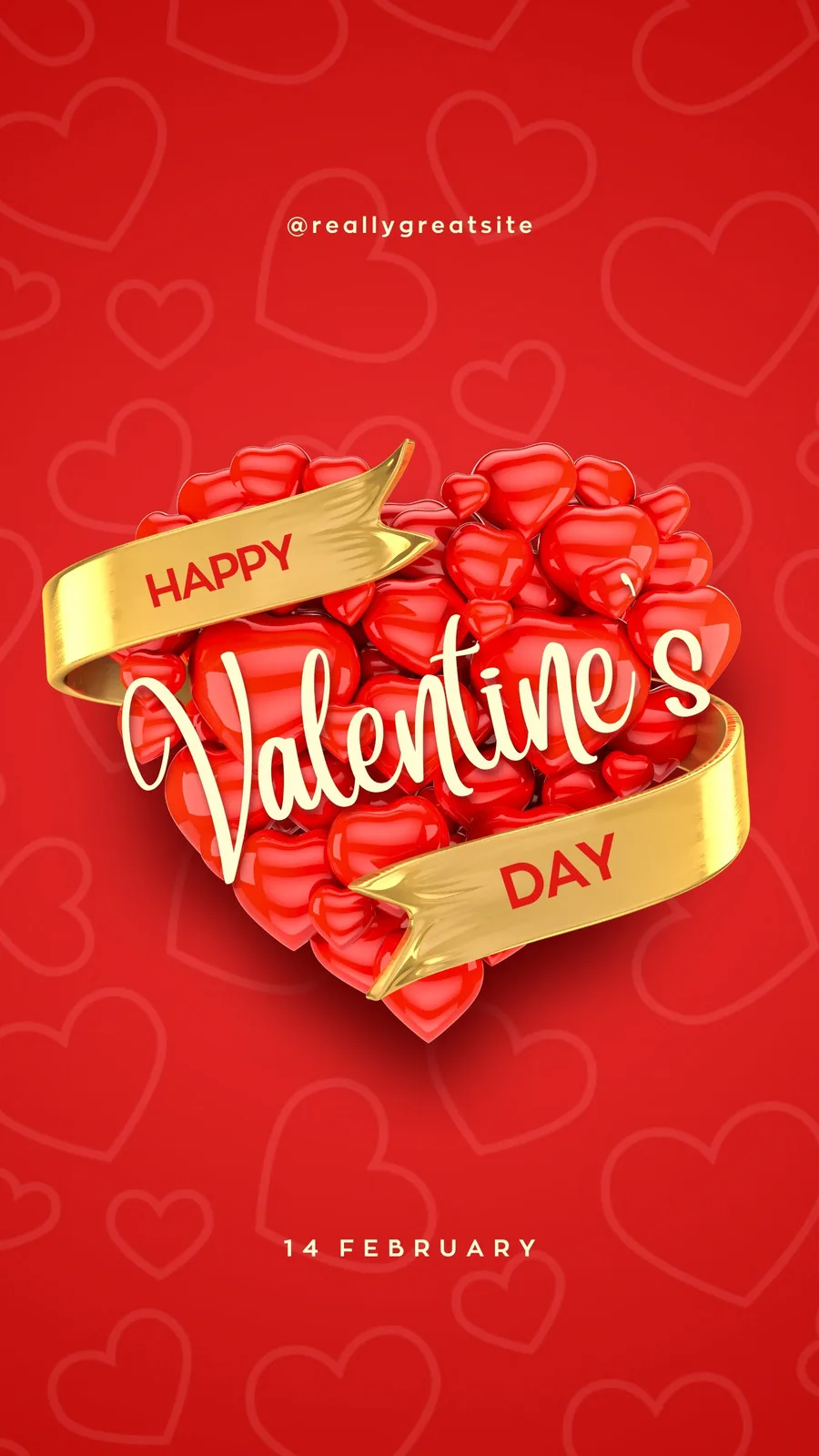 Template de Instagram Story com fundo vermelho vibrante e um grande coração formado por pequenos corações vermelhos brilhantes. Uma fita dourada com a inscrição 'Happy Valentine's Day' atravessa o coração. Abaixo, a data '14 FEBRUARY' em branco. Design moderno e romântico.