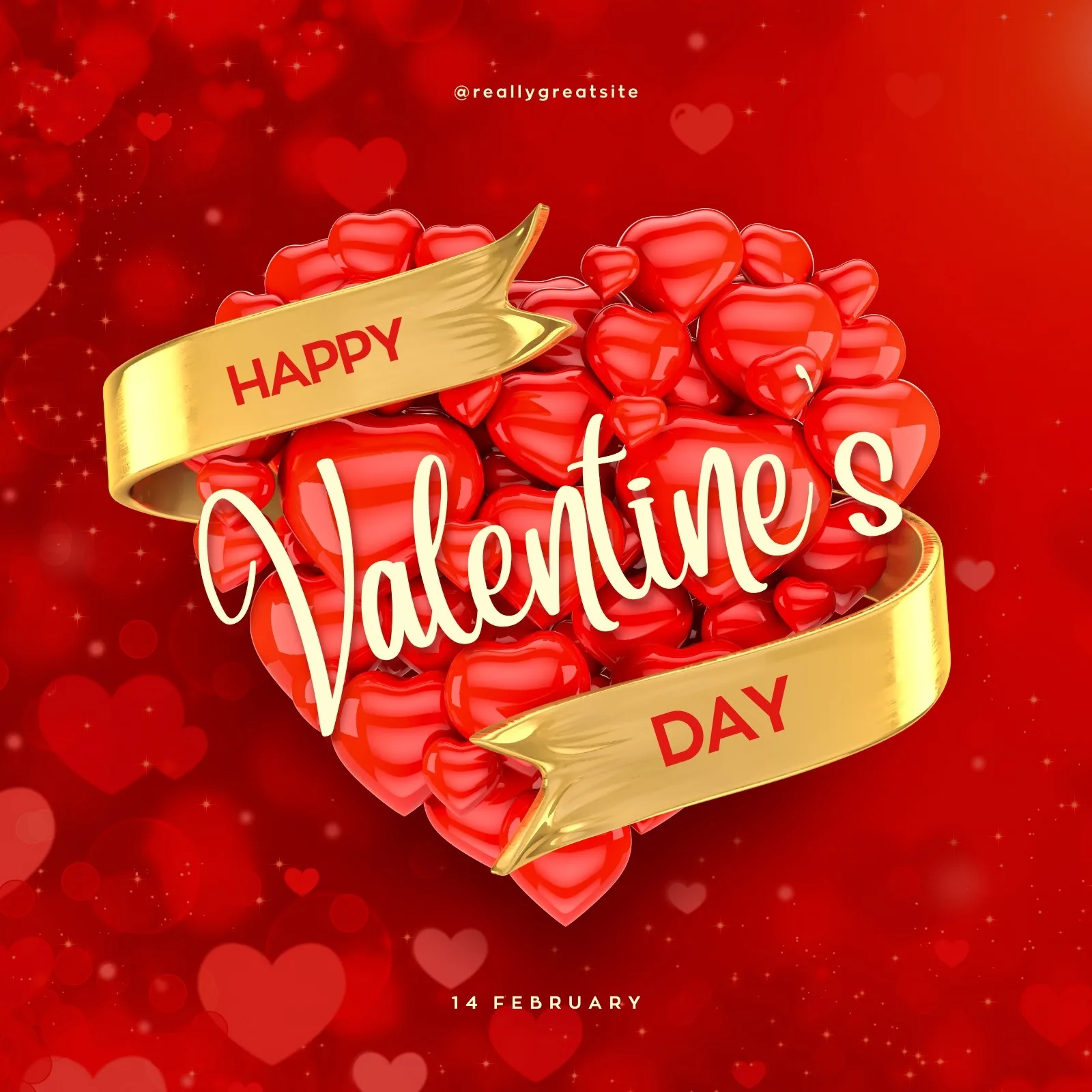 Um grande coração formado por pequenos corações vermelhos brilhantes, com uma fita dourada escrita 'Happy Valentine's Day'. O fundo é vermelho com bokeh de corações desfocados, evocando um clima romântico e festivo.
