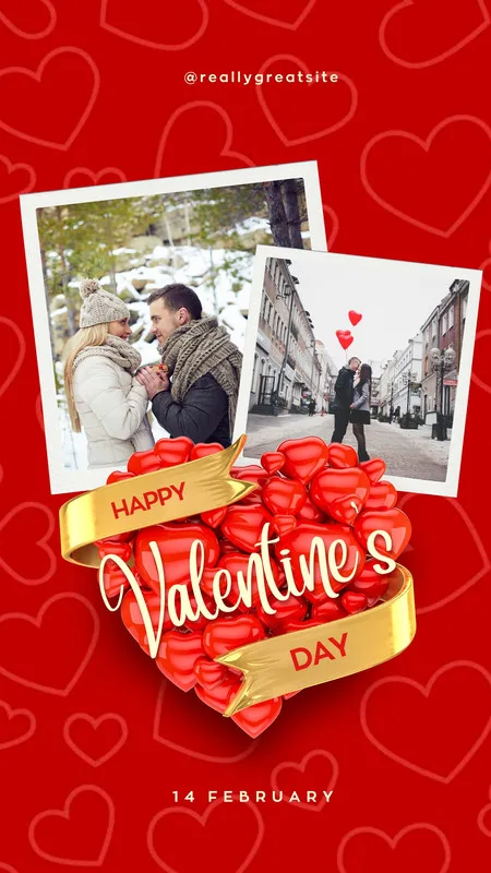 Um template de Story para Instagram com fundo vermelho e corações, apresentando duas fotos de casais e um grande coração 3D com a inscrição 'Happy Valentine's Day' em uma fita dourada. A data '14 February' aparece na parte inferior.