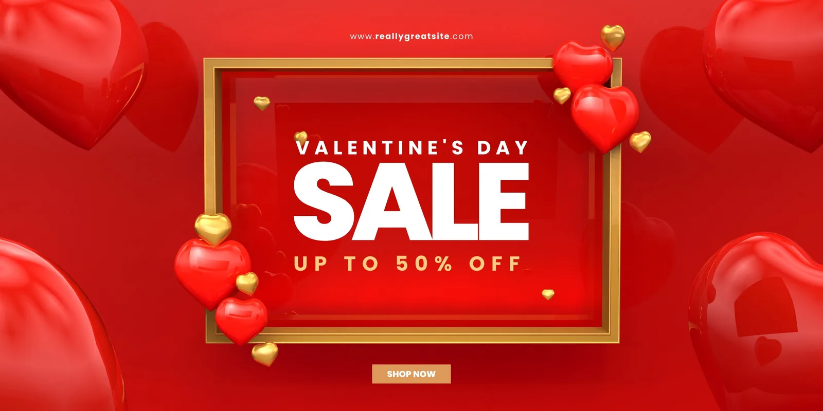 Banner horizontal vermelho com corações 3D em destaque. O texto central anuncia 'Valentine's Day Sale Up To 50% Off' em branco e dourado, com um botão 'Shop Now'. Ideal para divulgar promoções de Dia dos Namorados.