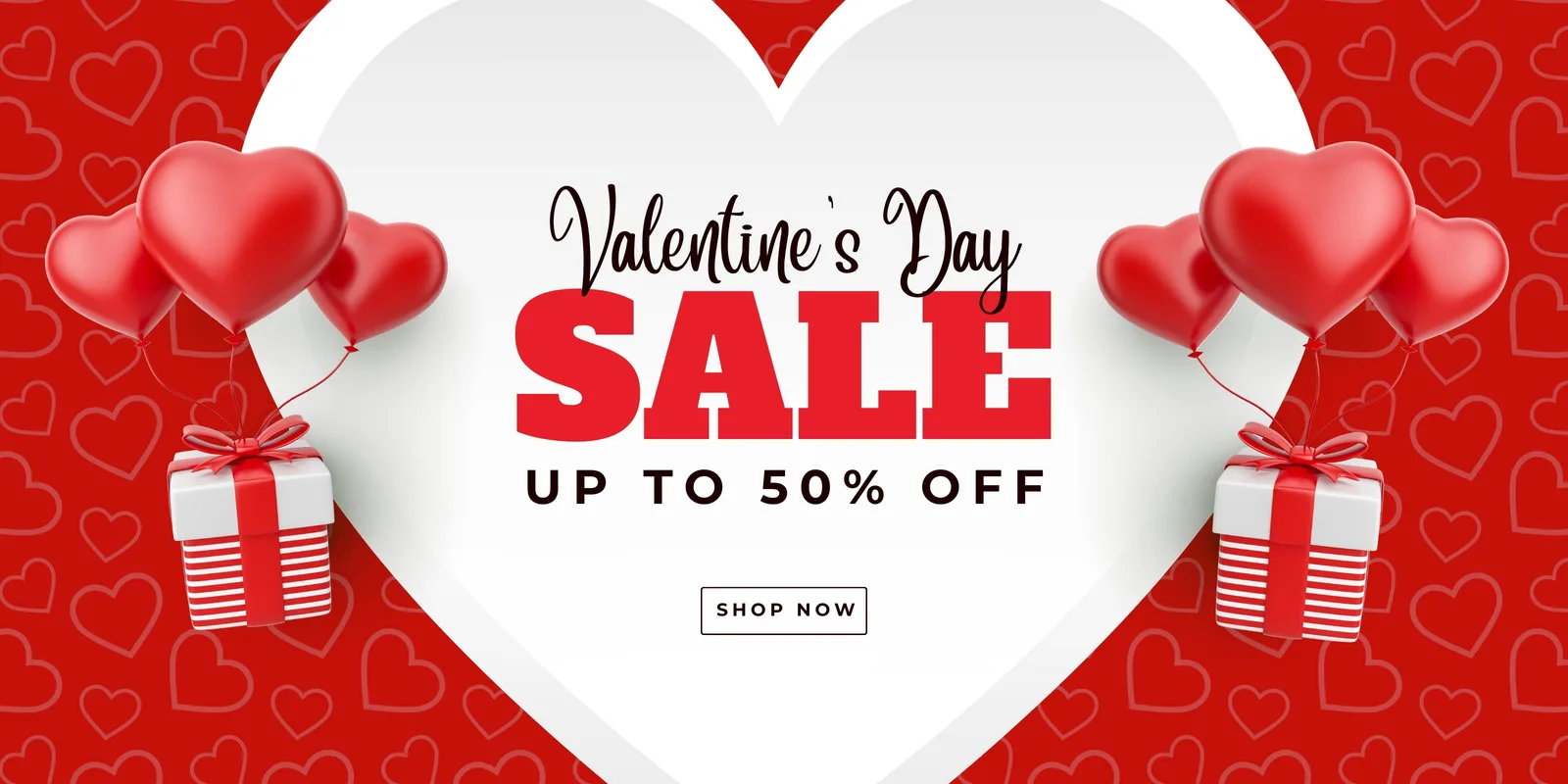Banner horizontal vermelho e branco com tema de Dia dos Namorados. Balões em formato de coração, presentes embalados e a mensagem 'Valentine's Day Sale Up to 50% Off' em destaque. Um botão 'Shop Now' convida à ação.