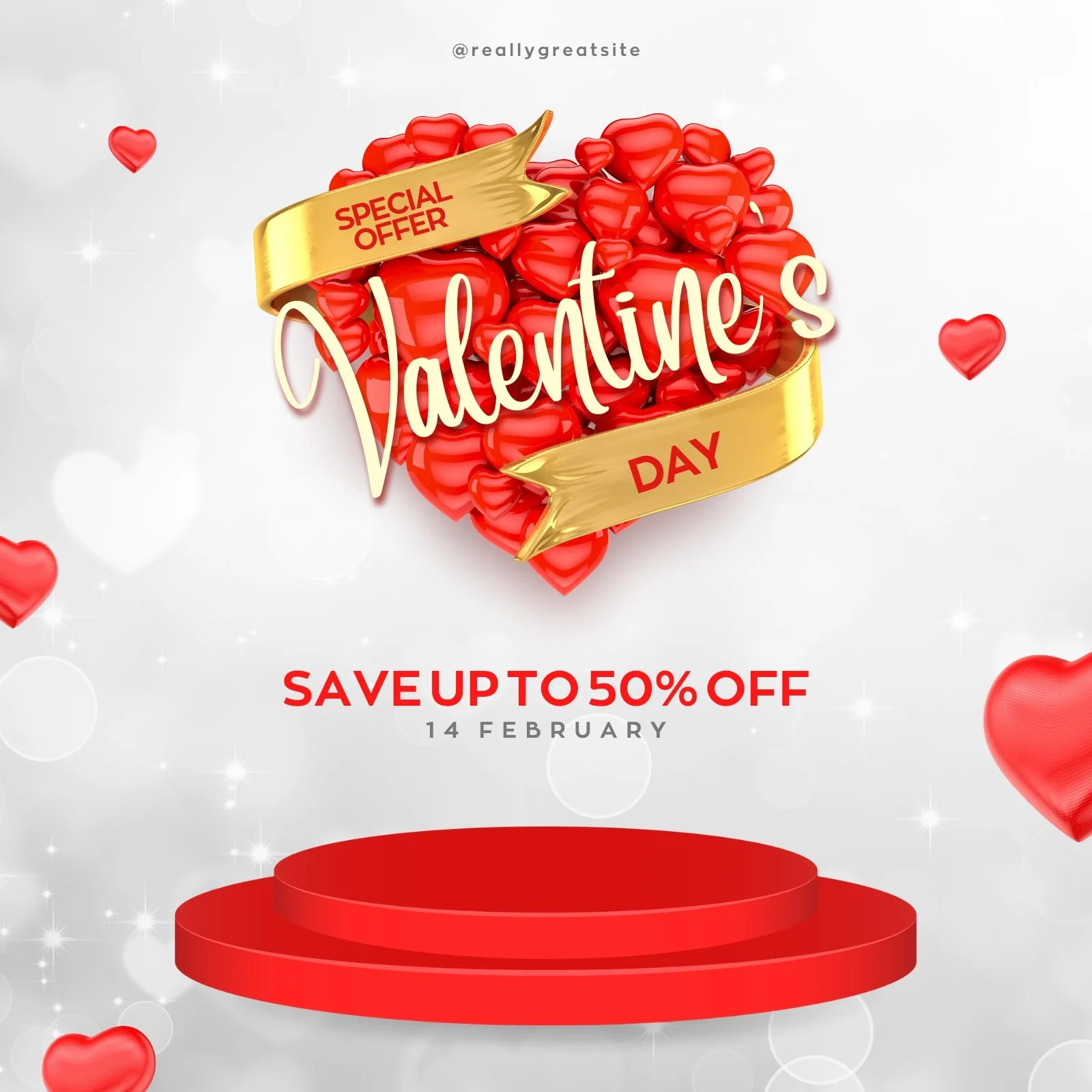 Post para redes sociais com tema de Dia dos Namorados. Um grande coração vermelho formado por corações menores, adornado com uma fita dourada com a inscrição 'Special Offer' e 'Valentine's Day'. Abaixo, um palco vermelho com a oferta 'SAVE UP TO 50% OFF' e a data 14 FEBRUARY.