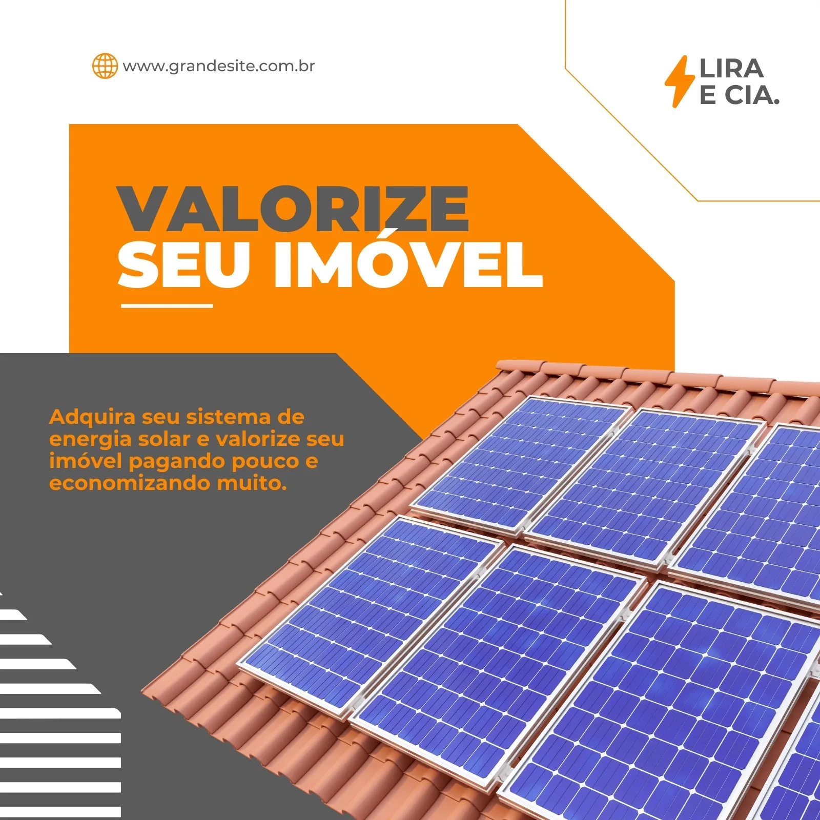 Post para Instagram com fundo cinza e laranja vibrante, destacando painéis solares em um telhado. O texto principal "Valorize Seu Imóvel" e uma chamada para adquirir sistemas de energia solar com economia.