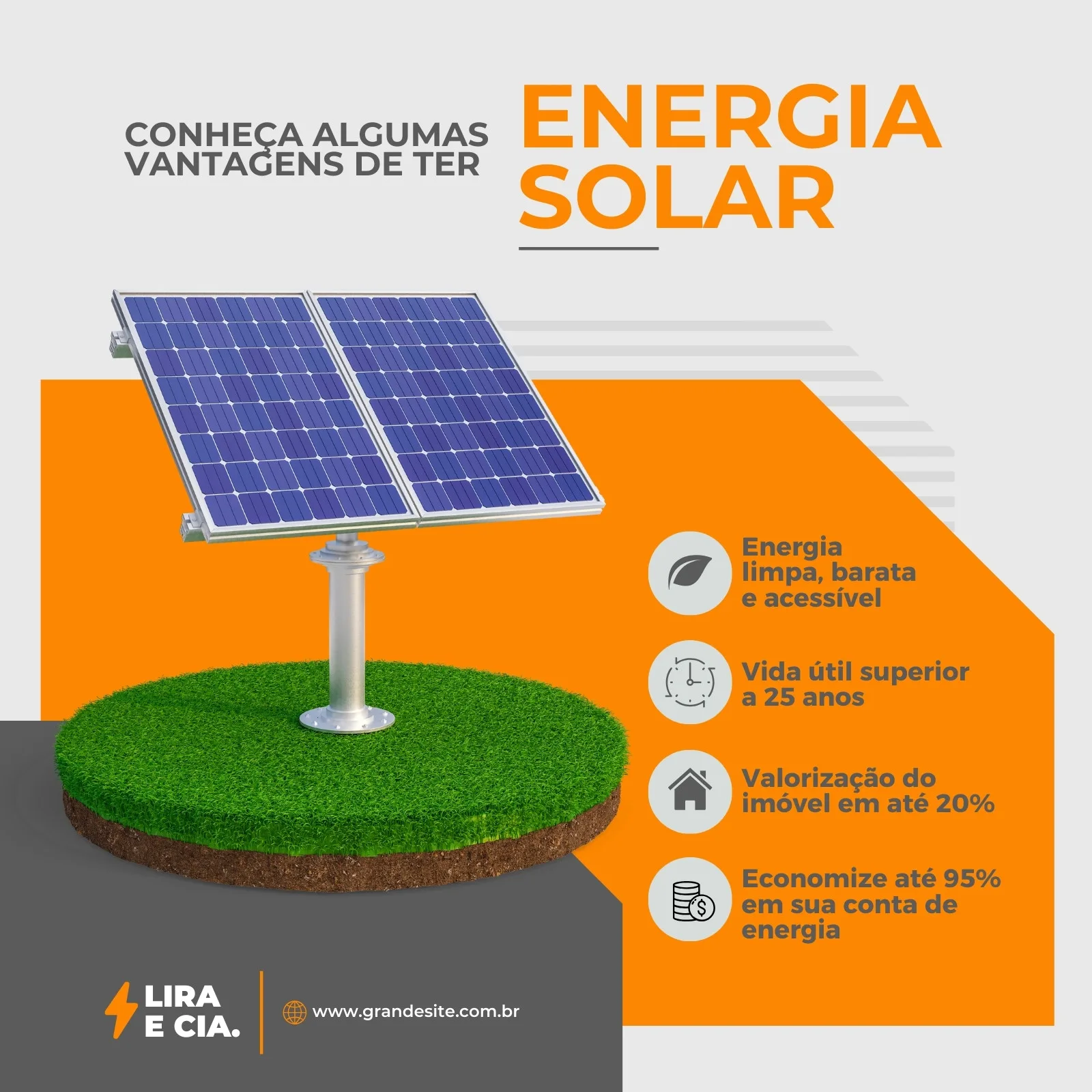 Post para Instagram sobre energia solar, destacando um painel solar sobre uma ilha de grama. Ícones ilustram benefícios como energia limpa, longa vida útil, valorização imobiliária e economia na conta de luz. Cores laranja, cinza e branco.