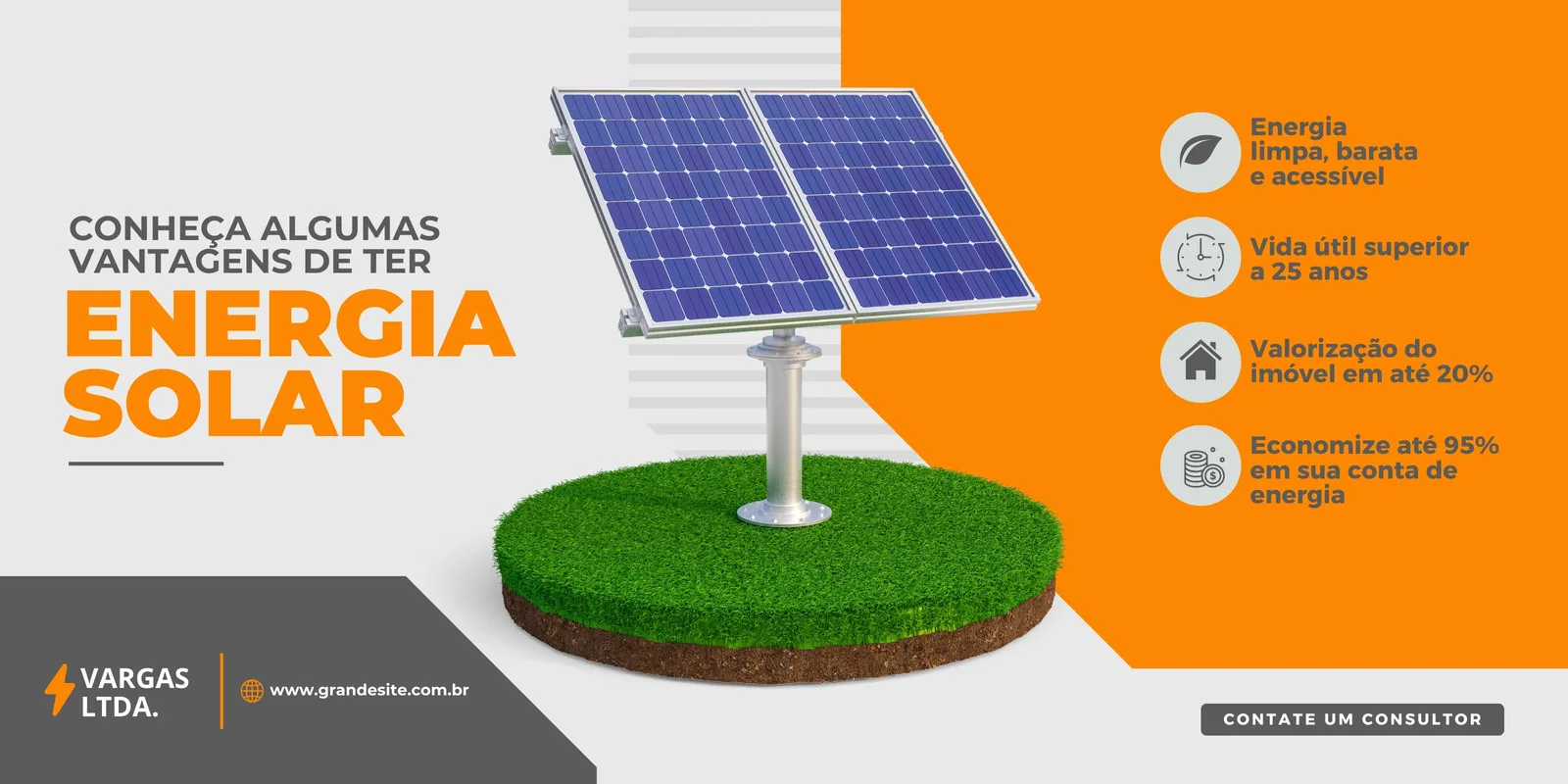Banner horizontal com painéis solares sobre um círculo de grama verde. O texto principal destaca 'Vantagens de Ter Energia Solar', com ícones informativos sobre economia e durabilidade. Cores predominantes: laranja, cinza e branco. Fundo com linhas geométricas sutis. Inclui logo e website.