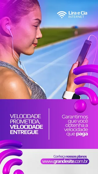 Mulher sorrindo com fones de ouvido e celular na mão, em uma pista de atletismo, com gráficos de Wi-Fi e texto sobre velocidade de internet. Design moderno em tons de roxo e branco.