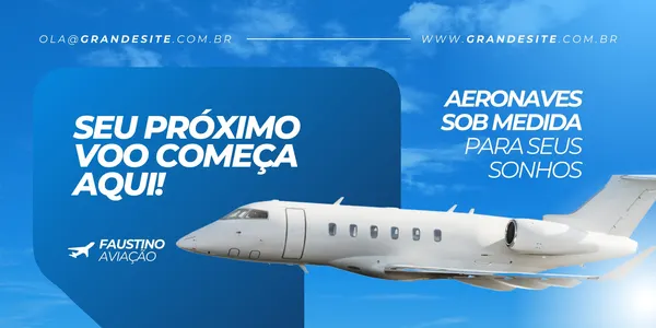 Banner horizontal azul e branco com a imagem de um jato executivo branco em voo. Texto principal 'Seu próximo voo começa aqui!' e 'Aeronaves sob medida para seus sonhos'. Inclui logo da Faustino Aviação e contatos.