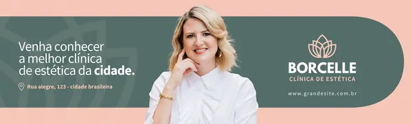 Banner horizontal para clínica de estética com fundo rosa claro e verde escuro. Uma mulher sorri no centro, com texto convidando para conhecer a clínica e informações de endereço e website. Logo da clínica Borcelle no canto superior direito.