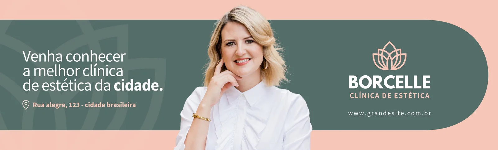 Banner horizontal para clínica de estética com fundo rosa claro e verde escuro. Uma mulher sorri no centro, com texto convidando para conhecer a clínica e informações de endereço e website. Logo da clínica Borcelle no canto superior direito.