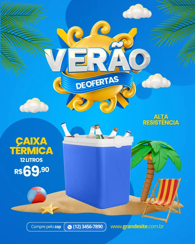 Post para Instagram com tema de verão, promovendo uma caixa térmica azul de 12 litros com bebidas. O design inclui elementos como sol, palmeiras, cadeira de praia e a frase 'Verão de Ofertas'. Cores predominantes: azul, amarelo e verde.