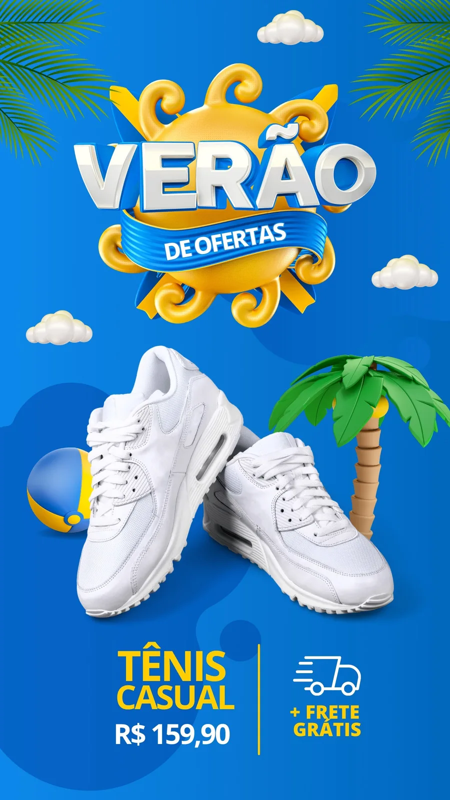 Template de Story para Instagram com fundo azul vibrante, destacando um par de tênis casuais brancos em promoção de verão. O texto 'Verão de Ofertas' em destaque, com elementos como sol, nuvens, palmeiras e uma bola de praia, além de informações sobre preço e frete grátis.
