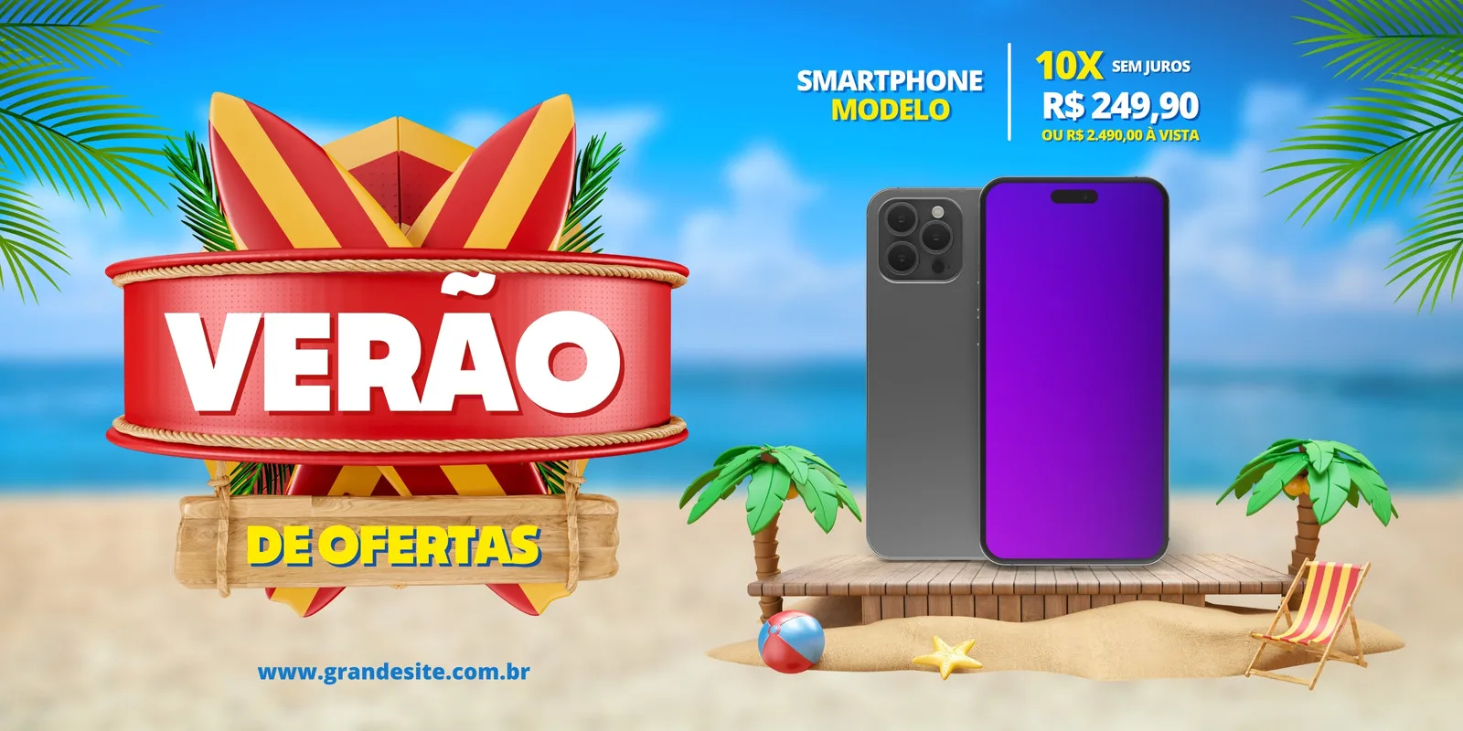 Banner horizontal de verão para loja de eletrônicos com tema de praia. Destaca a palavra "VERÃO" em destaque, um smartphone moderno e detalhes de oferta, com palmeiras e mar ao fundo.