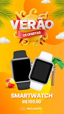 Template de Story para Instagram com tema de verão, apresentando dois smartwatches (preto e branco) em destaque. O fundo é laranja e amarelo vibrante, com elementos como sol, nuvens, folhas de palmeira e uma bola de praia. O texto 'Verão de Ofertas' e 'Smartwatch R$ 159,90 Frete Grátis' são proeminentes.