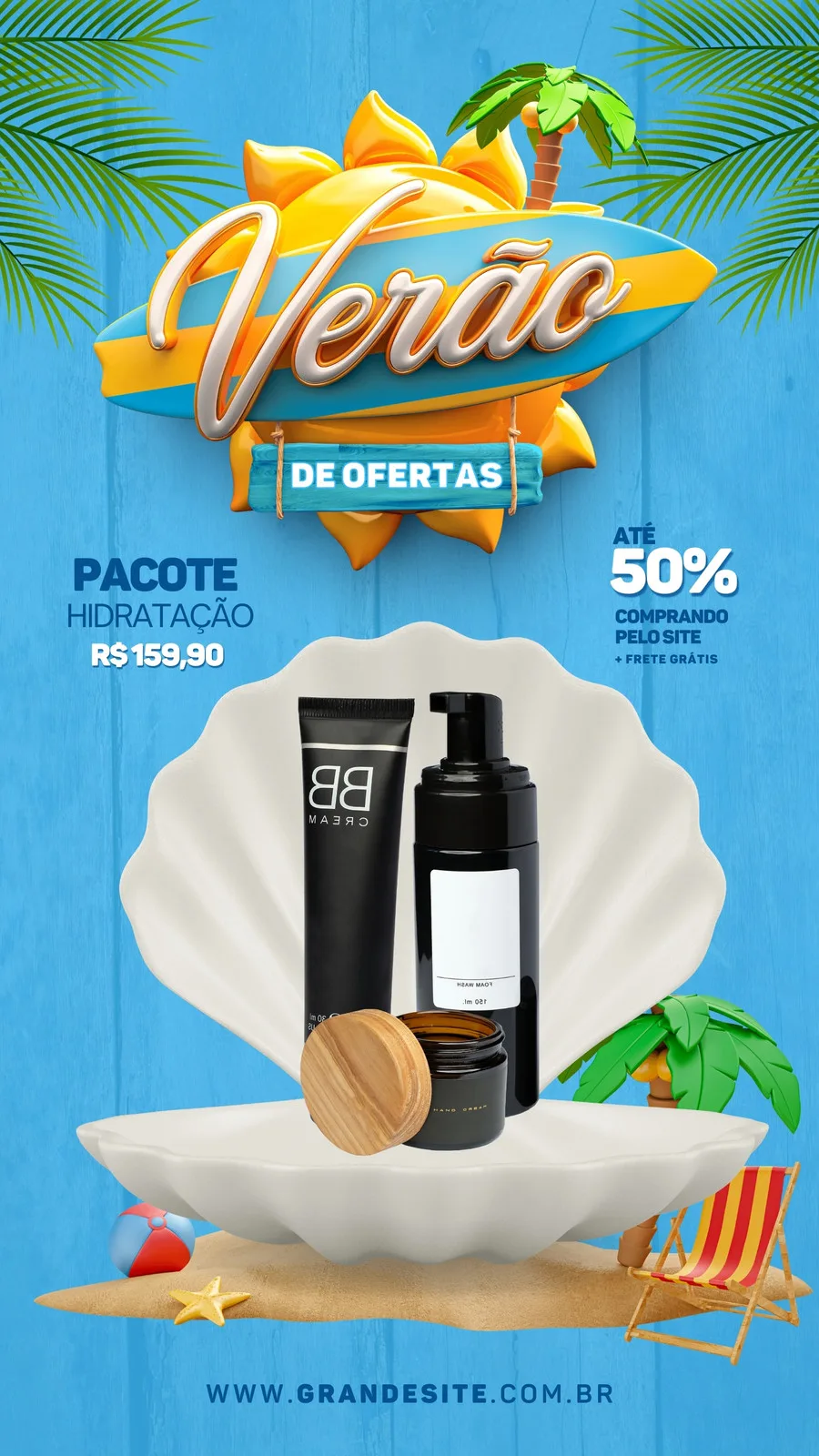 Template de Story para Instagram com tema de verão, apresentando um design azul vibrante com elementos de praia como palmeiras, concha e cadeira de praia. O texto 'Verão de Ofertas' em destaque, com produtos de beleza e um desconto de 50%.