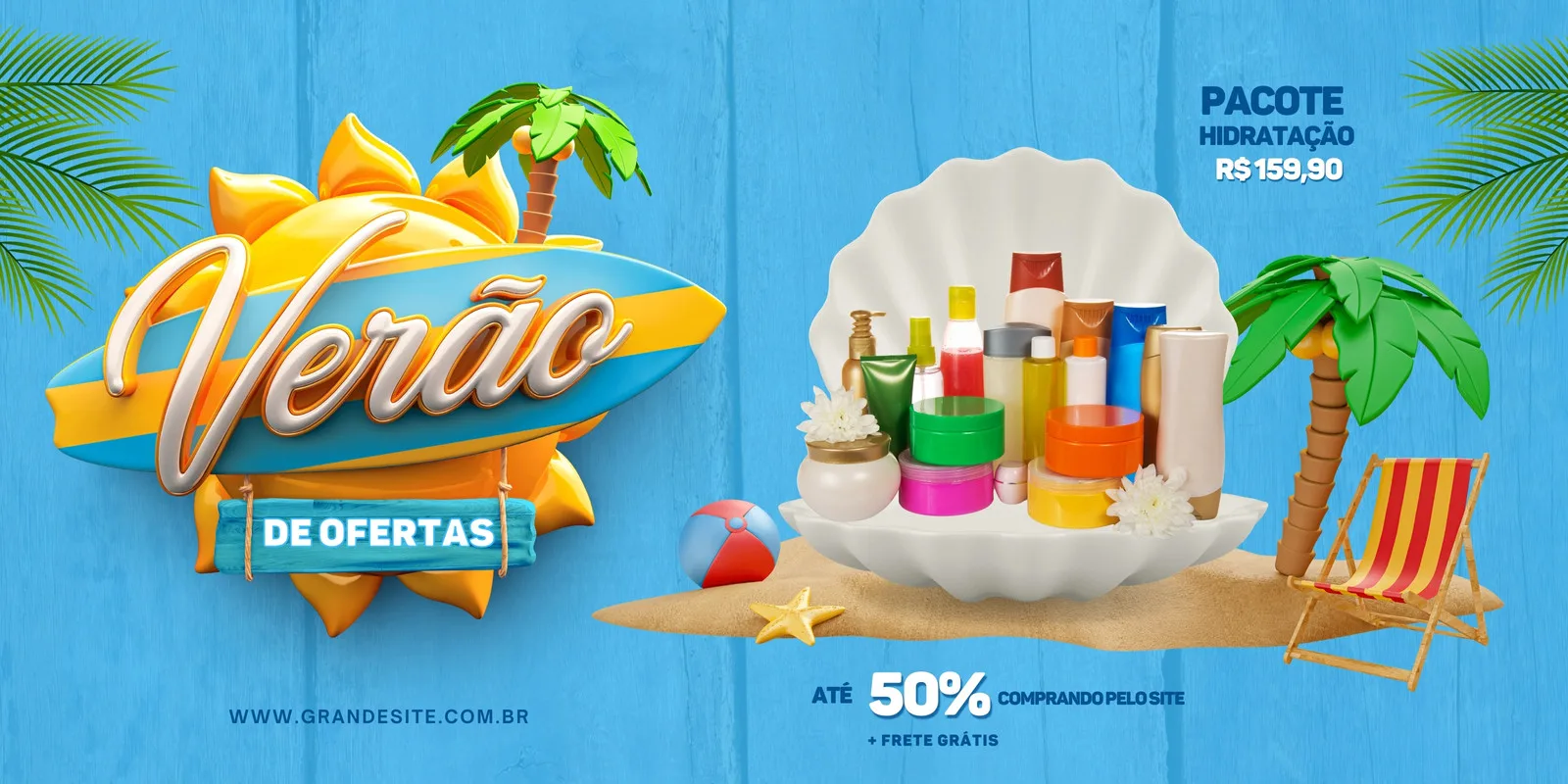 Banner horizontal com tema de verão para promoções de produtos de beleza. Apresenta um sol estilizado com uma prancha de surf, a frase 'Verão de Ofertas', e uma concha com diversos frascos de cosméticos. Ao fundo, palmeiras e uma cadeira de praia, com a oferta de 'Até 50% OFF + Frete Grátis'.