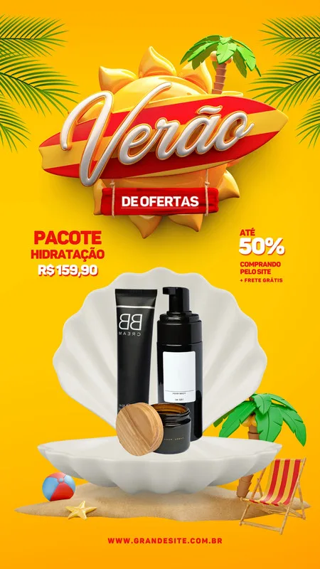 Template de Story para Instagram com tema de verão, destacando produtos de beleza em promoção. Fundo amarelo vibrante com elementos de praia como sol, coqueiros e cadeiras de praia. Promoção 'Verão de Ofertas' com até 50% de desconto e frete grátis.