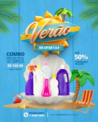 Post para Instagram e Facebook com tema de verão, apresentando um combo de produtos de limpeza em oferta. O design inclui elementos como sol, praia, coqueiro e uma cadeira de praia, com cores vibrantes azul e amarelo.