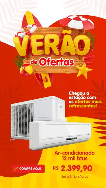 Um story de Instagram vibrante para 'Verão de Ofertas' em tons de vermelho e amarelo. O design apresenta um título 3D com elementos de praia como prancha de surfe, boia e guarda-sol. Um ar-condicionado split branco é exibido com preço e chamada para 'Compre Aqui', ideal para lojas de eletrônicos promovendo vendas de verão.