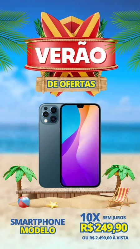Template de Story para Instagram com tema de verão, exibindo um smartphone moderno em destaque sobre uma praia com coqueiros e mar ao fundo. O banner principal anuncia 'Verão de Ofertas' e detalhes de preço do celular.