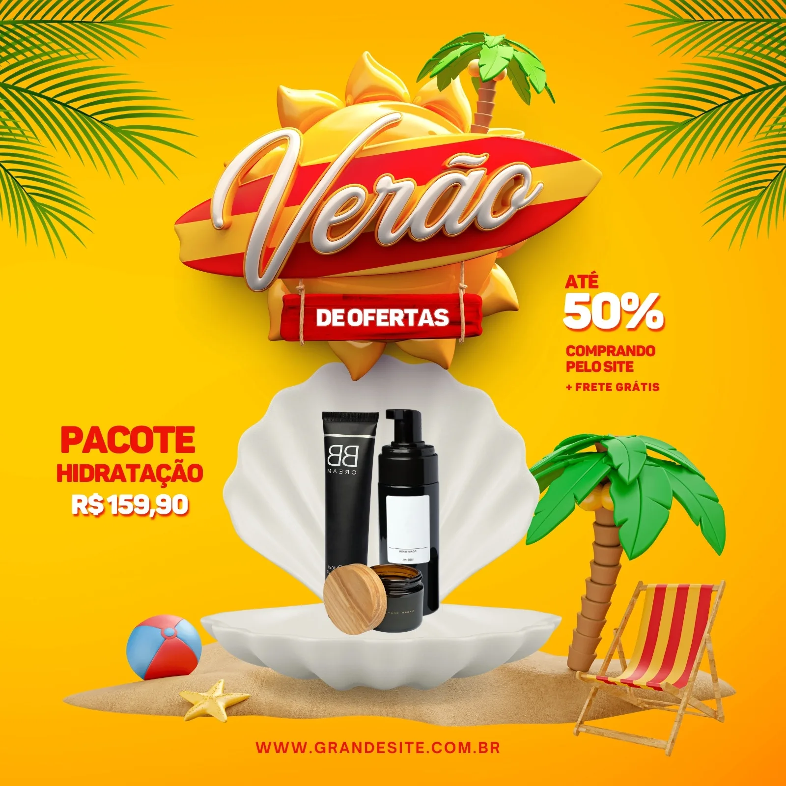 Post para Instagram com tema de verão, promovendo ofertas em produtos de beleza. Um sol estilizado com uma prancha de surf e a frase 'Verão de Ofertas' em destaque. Abaixo, um pacote de hidratação com preço e um desconto de 50% com frete grátis. Elementos de praia como areia, coqueiro e cadeira de praia complementam o design.