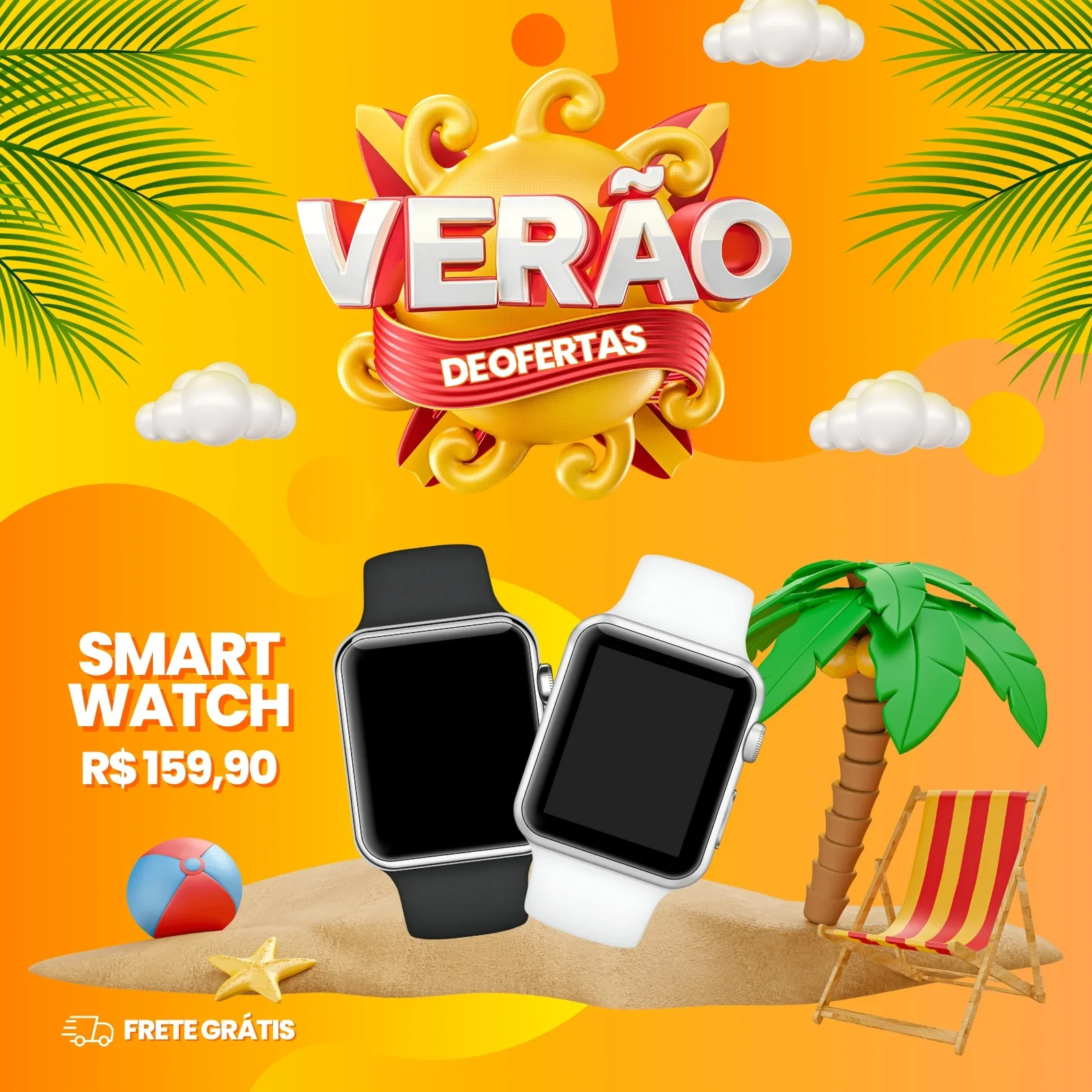 Template de post para Instagram com tema de verão, apresentando dois smartwatches (preto e branco) em uma praia com areia, estrela do mar, bola de praia e uma cadeira de praia sob um coqueiro. O título "Verão de Ofertas" em destaque, com cores vibrantes amarelo e laranja.