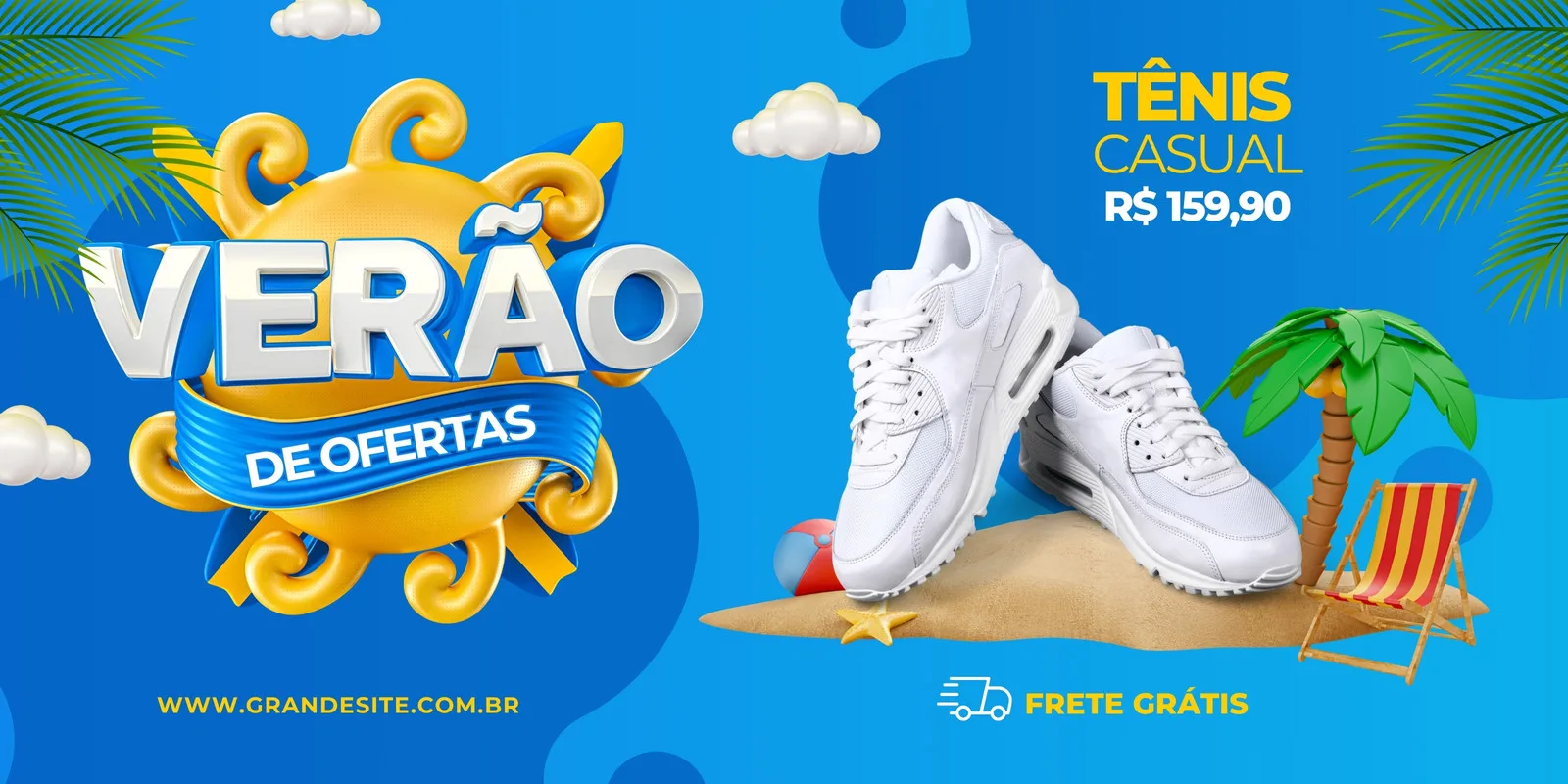 Banner horizontal azul com tema de verão, exibindo a frase 'Verão de Ofertas' em destaque. Ao lado, um par de tênis brancos casuais sobre a areia, com uma cadeira de praia e coqueiro. Inclui 'Tênis Casual R$ 159,90' e 'Frete Grátis'.