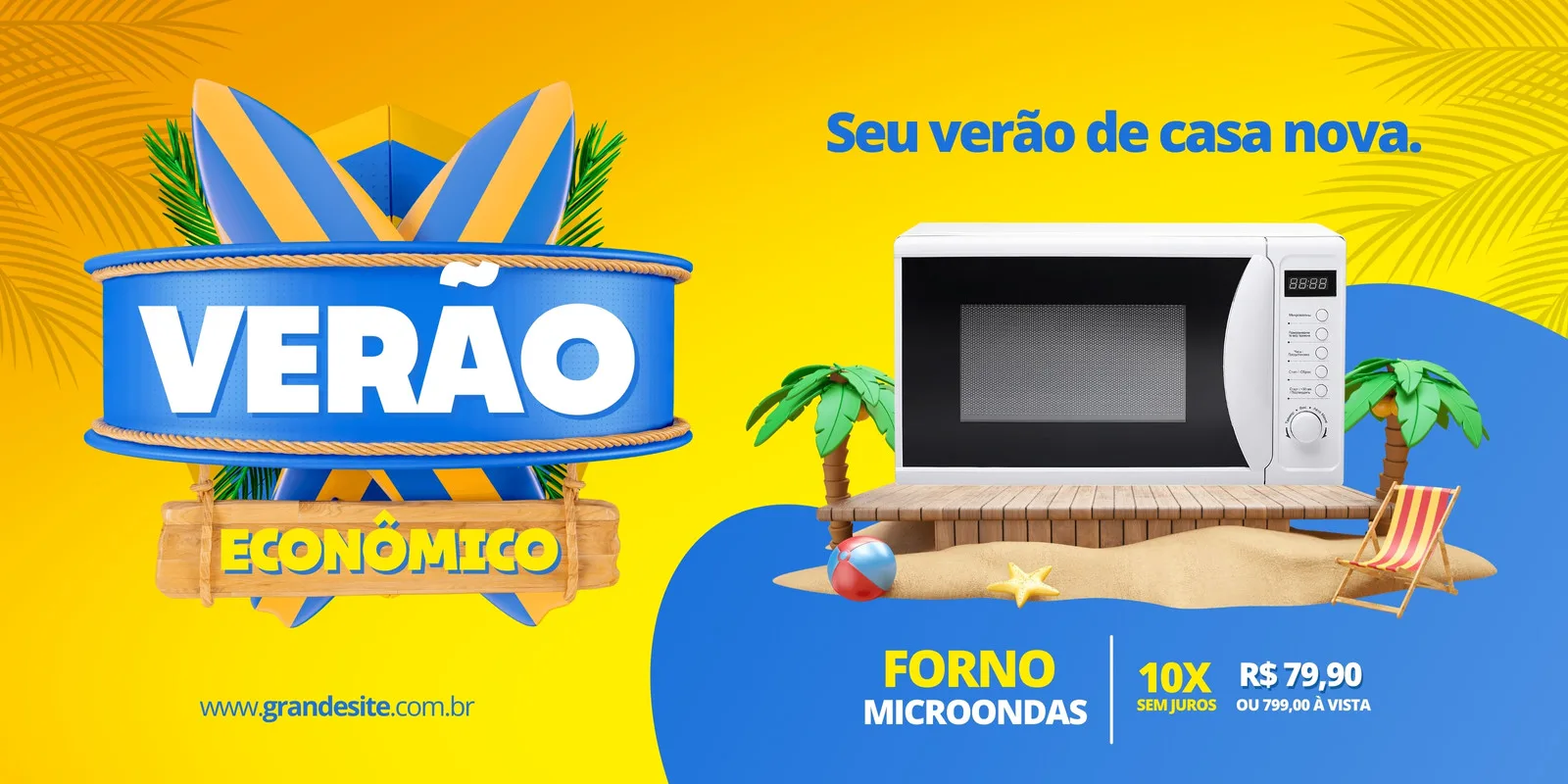 Banner horizontal de promoção de verão com tema praiano. Um micro-ondas branco está em destaque sobre uma plataforma de madeira na areia, com palmeiras e uma cadeira de praia. O texto 'Verão Econômico' e 'Seu verão de casa nova' convida para ofertas.
