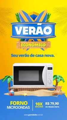 Template de Story para Instagram com fundo amarelo vibrante e elementos de praia. Um micro-ondas branco é exibido em uma plataforma de madeira sobre a areia, com palmeiras e uma cadeira de praia. O título 'Verão Econômico' em azul e amarelo destaca ofertas e descontos.