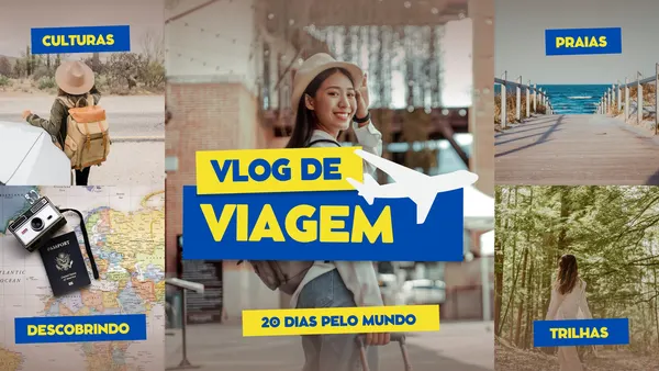 Banner horizontal azul e amarelo para YouTube com o título 'Vlog de Viagem'. Apresenta colagens de fotos de destinos turísticos, como praias, trilhas e paisagens culturais, com ícones de avião e mapa, ideal para criadores de conteúdo de viagem.