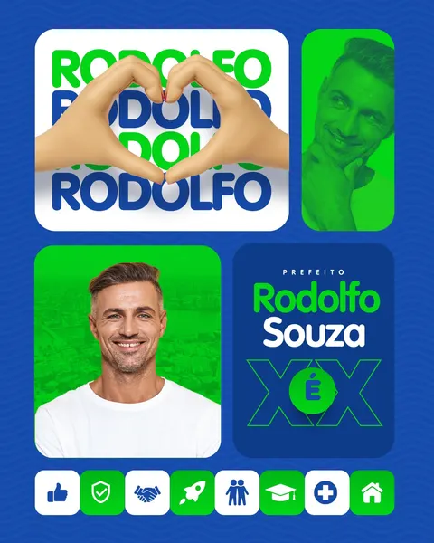Template de post para Instagram e Facebook de campanha política. Apresenta o nome 'Rodolfo Souza' com as cores azul, branco e verde. Inclui fotos do candidato, mãos formando um coração e ícones de apoio, segurança, parceria, crescimento, comunidade, educação, saúde e lar.