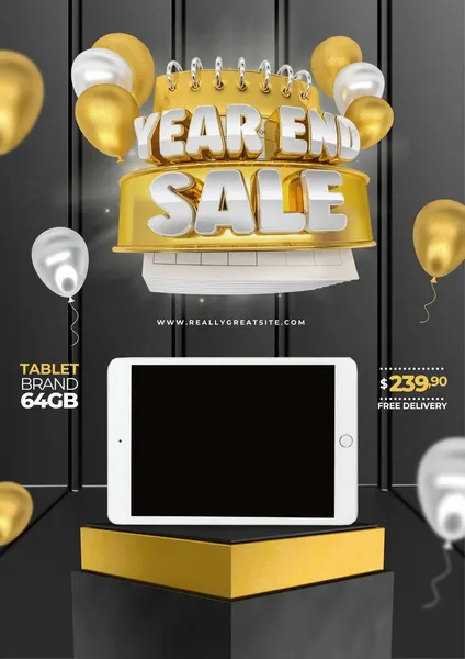 Template de post para redes sociais com tema de liquidação de fim de ano. Destaca um tablet em um pedestal dourado, balões dourados e prateados, e o texto 'Year End Sale' em 3D, com fundo escuro e detalhes em cinza.